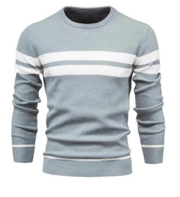 Klassischer Figurbetont Rundhals Strick Pullover Mit Streifen für Herren | Perfekt für Alle Jahreszeiten