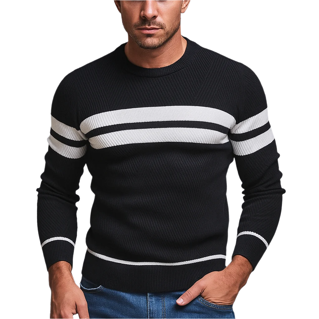 Klassischer Figurbetont Rundhals Strick Pullover Mit Streifen für Herren | Perfekt für Alle Jahreszeiten