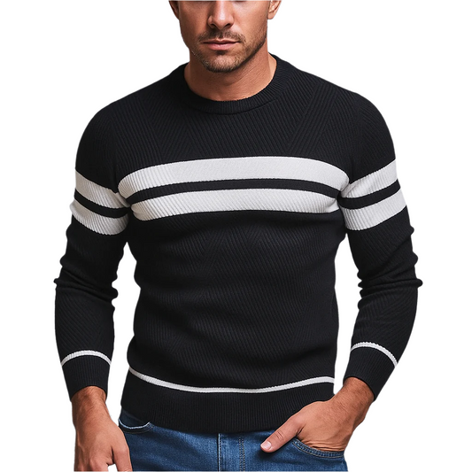 Klassischer Figurbetont Rundhals Strick Pullover Mit Streifen für Herren | Perfekt für Alle Jahreszeiten